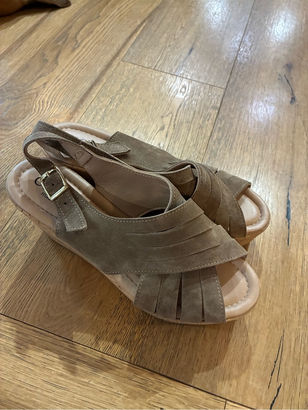 Cordani light Fall tan Suede Slingback Sandals peep toe cross cross gold buckle